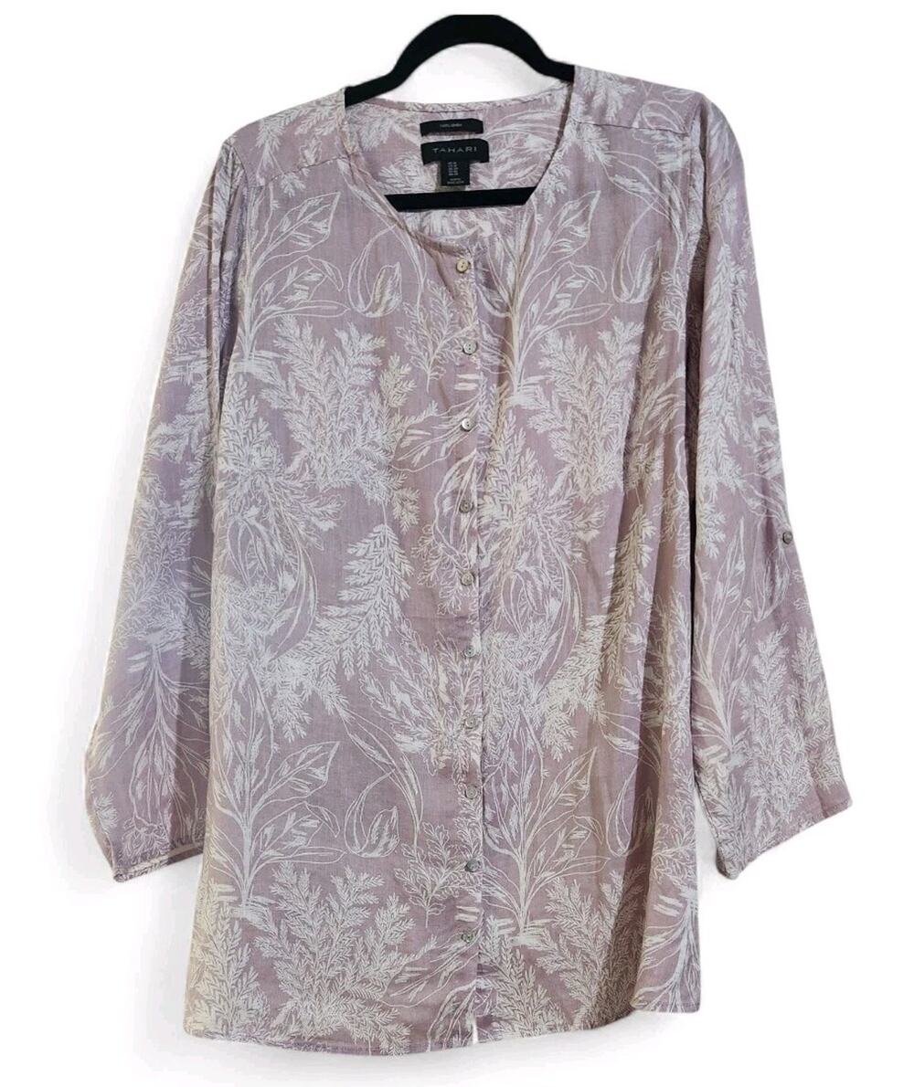 Tahari Linen Button Front Tunic Plus Size 1X Tropical Print Long Sleeve Vacation